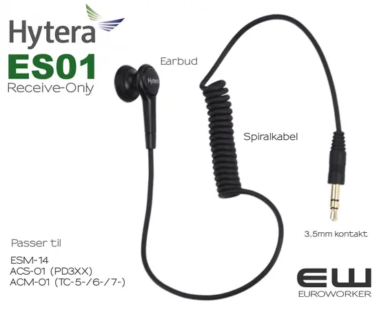 Hytera ACN01 PTT Headset med Inline MIC for 3,5mm Listen Only Earpiece (HP705, HP785)